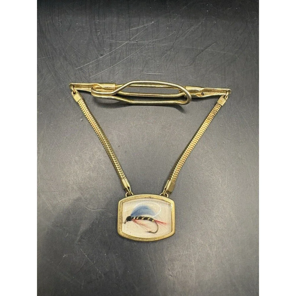Vintage Anson Fishing Tie Clip Real Fly Fisherman Oval Gold Tone Essex Fishing